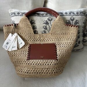 ba&sh Tan Woven Straw Tote with Brown Leather Trim
